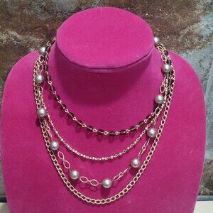 Multi Strand 4 Layered Chain Beaded Strands Necklace Silver Toned Metal